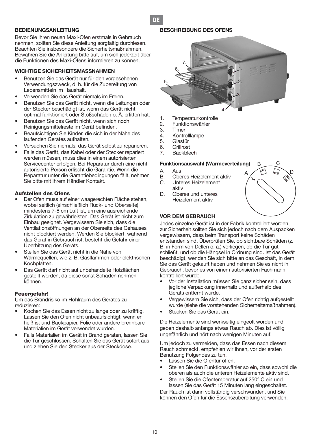 Melissa 751-081 manual Bedienungsanleitung, Wichtige Sicherheitsmassnahmen, Beschreibung DES Ofens, VOR DEM Gebrauch 