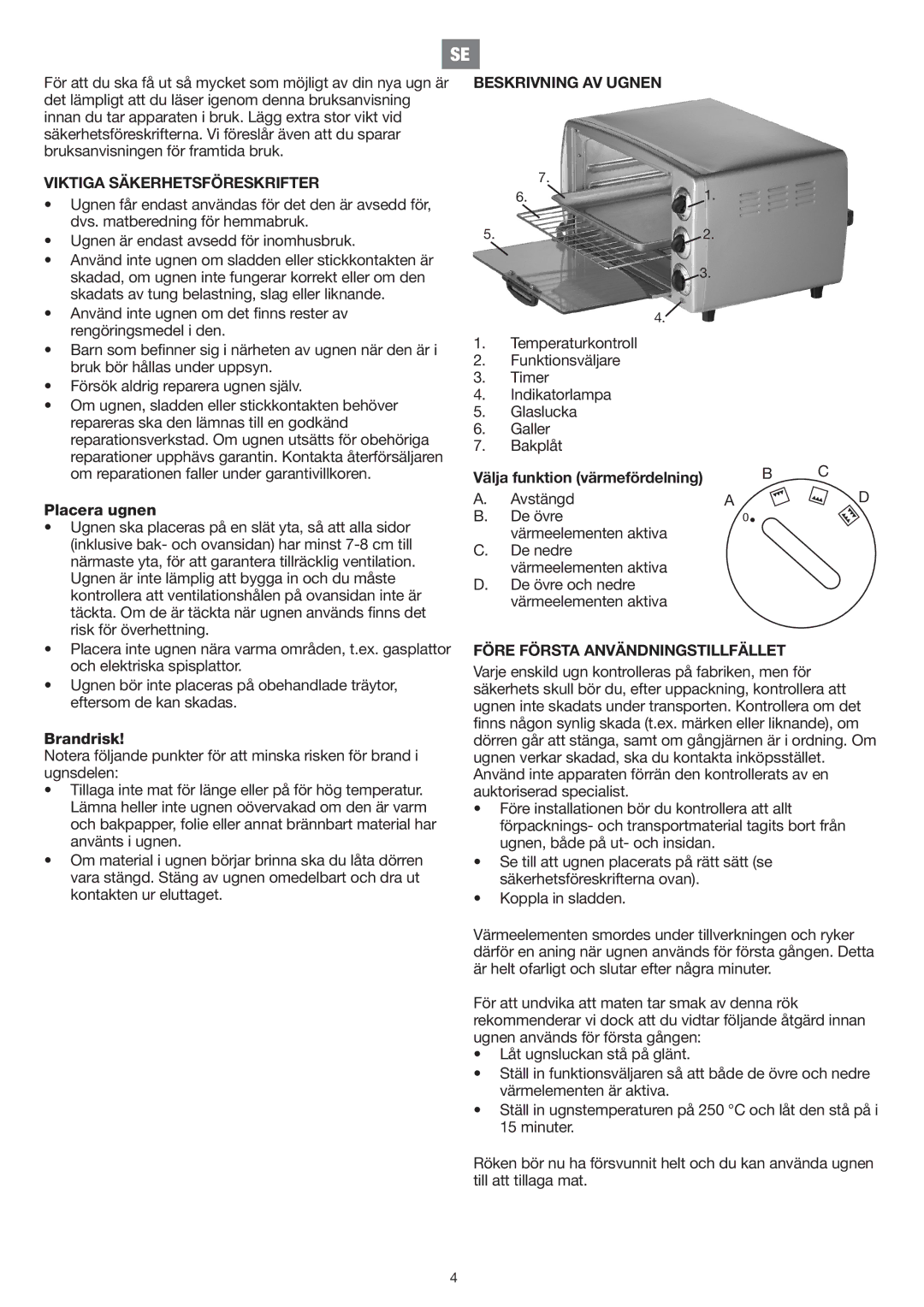 Melissa 751-081 manual Viktiga Säkerhetsföreskrifter, Beskrivning AV Ugnen, Före Första Användningstillfället 