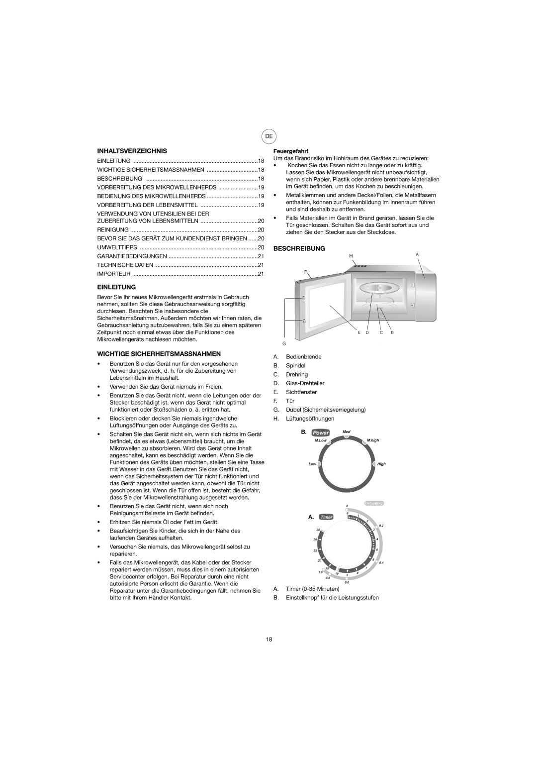 Melissa 753-076, 753-077 manual Inhaltsverzeichnis, Einleitung, Wichtige Sicherheitsmassnahmen, Beschreibung, Feuergefahr 