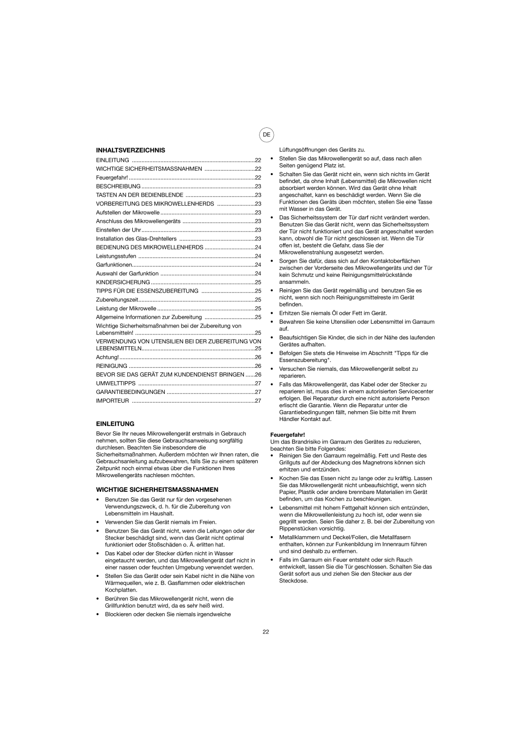 Melissa 753-082/083 manual Inhaltsverzeichnis, Einleitung, Wichtige Sicherheitsmassnahmen, Feuergefahr 