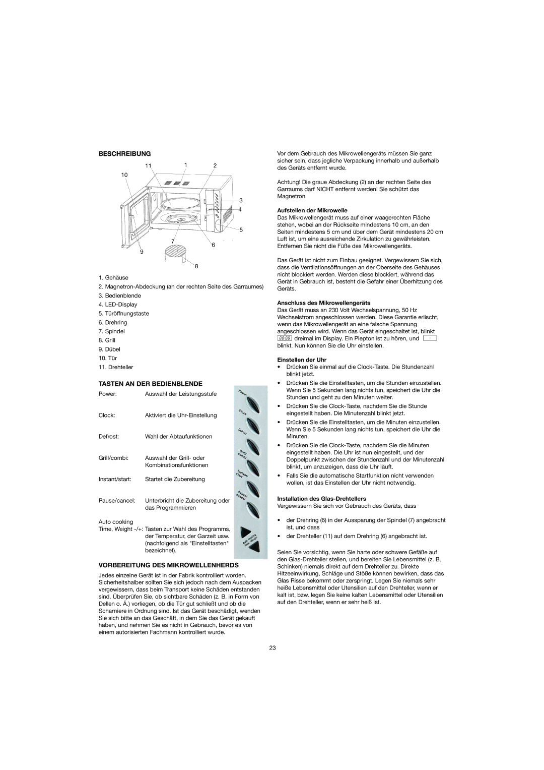 Melissa 753-082/083 manual Beschreibung, Tasten AN DER Bedienblende, Vorbereitung DES Mikrowellenherds 