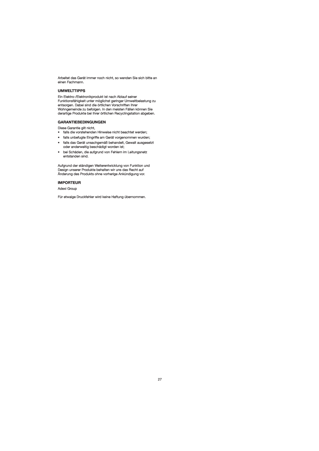 Melissa 753-082/083 manual Umwelttipps, Garantiebedingungen, Importeur 