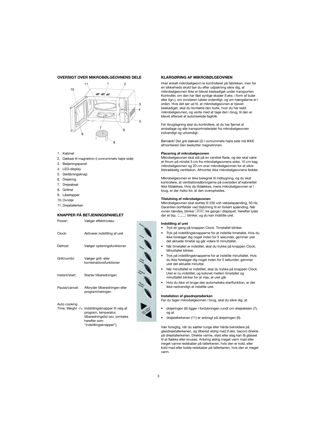 Melissa 753-082/083 manual Oversigt Over Mikrobølgeovnens Dele, Klargøring Af Mikrobølgeovnen, Knapper På Betjeningspanelet 