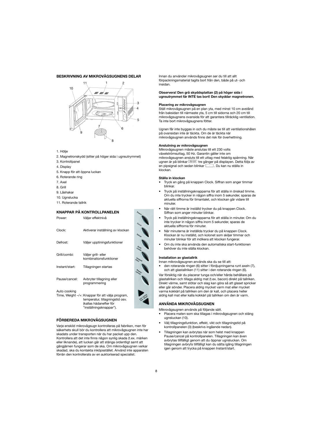 Melissa 753-082/083 manual Beskrivning Av Mikrovågsugnens Delar, Knappar På Kontrollpanelen, Förbereda Mikrovågsugnen 
