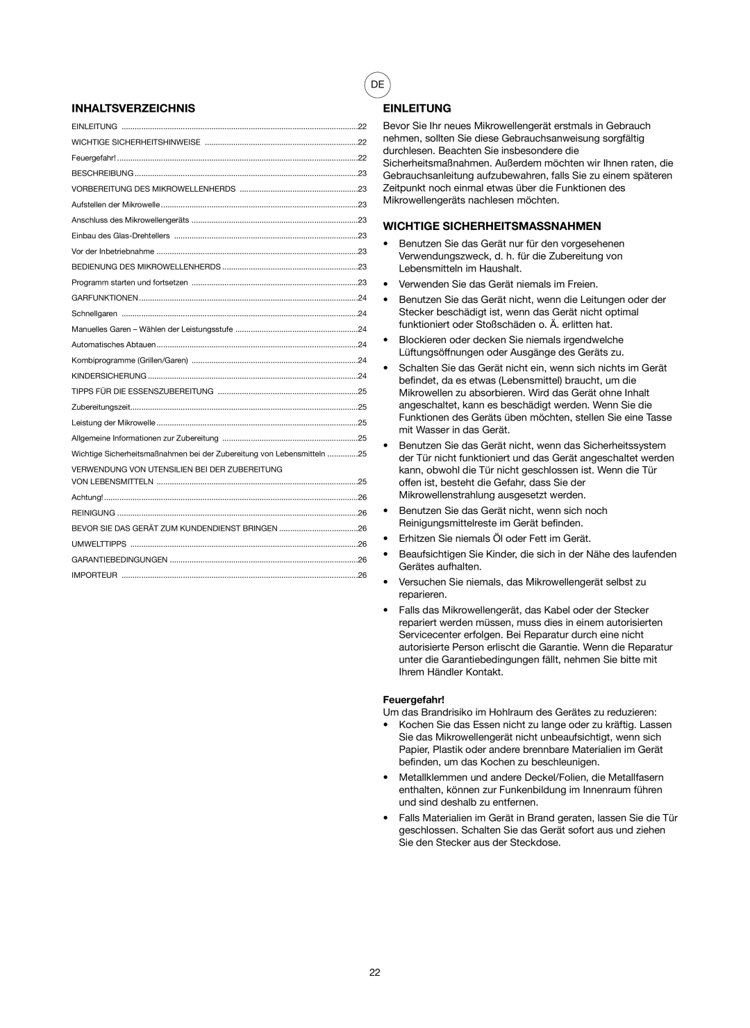 Melissa 753-084 manual Inhaltsverzeichnis, Einleitung, Wichtige Sicherheitsmassnahmen, Feuergefahr 