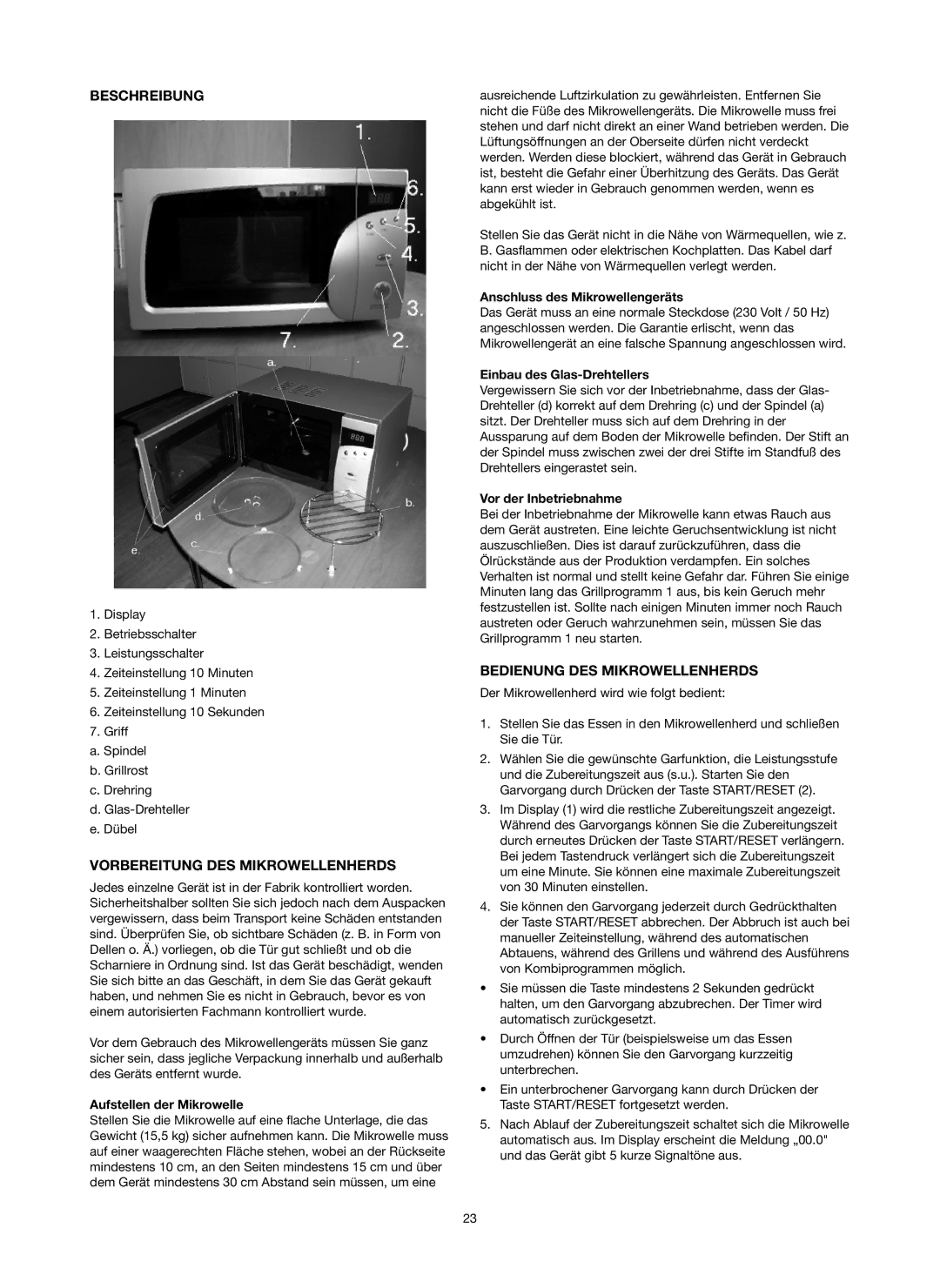 Melissa 753-084 manual Beschreibung, Vorbereitung DES Mikrowellenherds, Bedienung DES Mikrowellenherds 