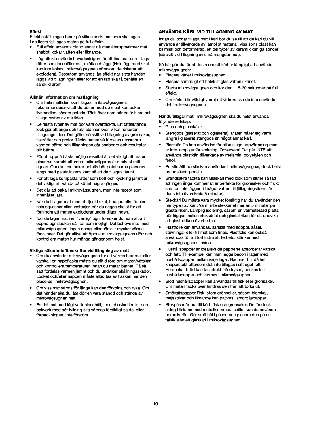 Melissa 753-084 manual Använda Kärl Vid Tillagning Av Mat, Effekt, Allmän information om matlagning 