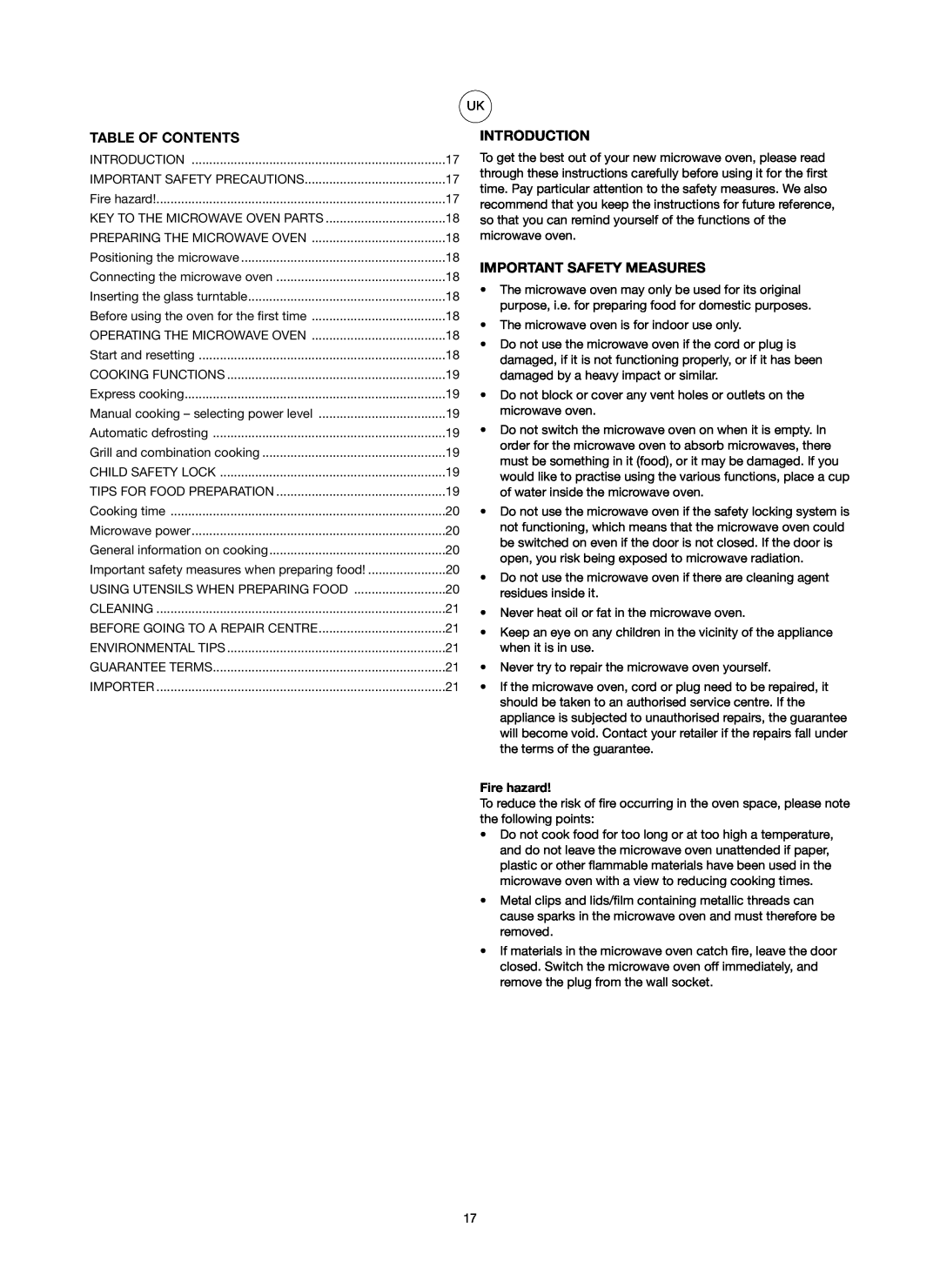 Melissa 753-084 manual Table Of Contents, Introduction, Important Safety Measures, Fire hazard 
