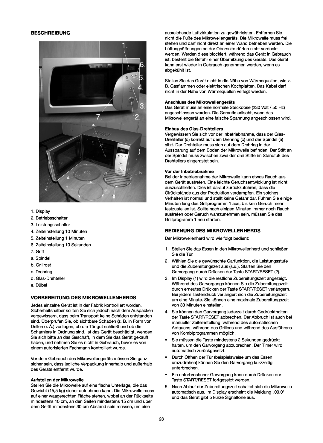 Melissa 753-084 Beschreibung, Vorbereitung Des Mikrowellenherds, Bedienung Des Mikrowellenherds, Aufstellen der Mikrowelle 
