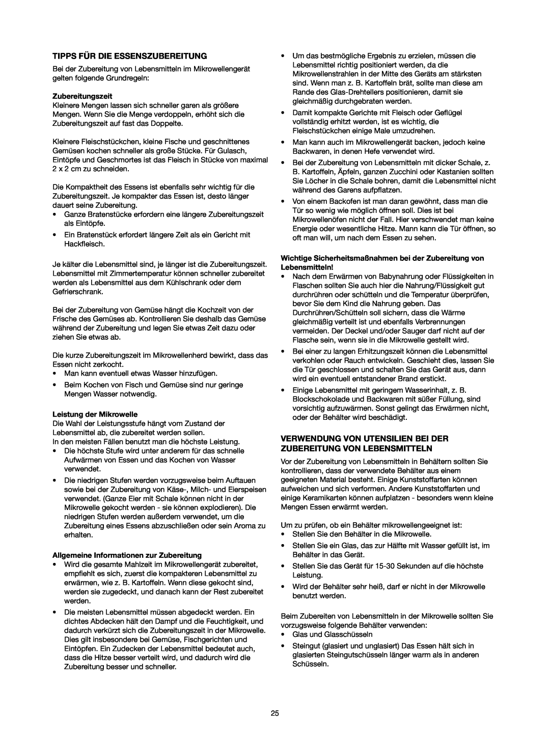 Melissa 753-084 manual Tipps Für Die Essenszubereitung, Zubereitungszeit, Leistung der Mikrowelle 