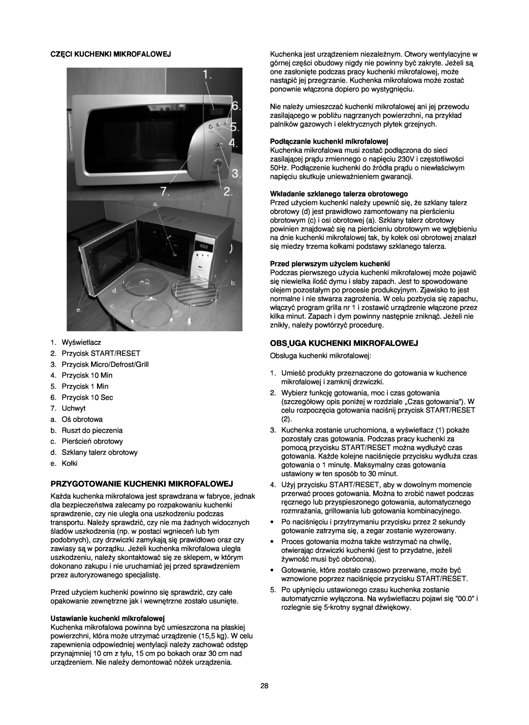 Melissa 753-084 manual Przygotowanie Kuchenki Mikrofalowej, Obs¸Uga Kuchenki Mikrofalowej, Cz¢Ci Kuchenki Mikrofalowej 