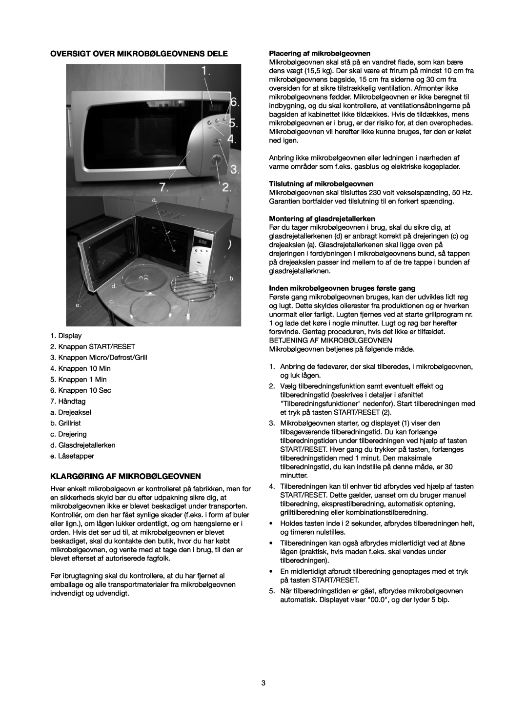 Melissa 753-084 manual Oversigt Over Mikrobølgeovnens Dele, Klargøring Af Mikrobølgeovnen, Placering af mikrobølgeovnen 