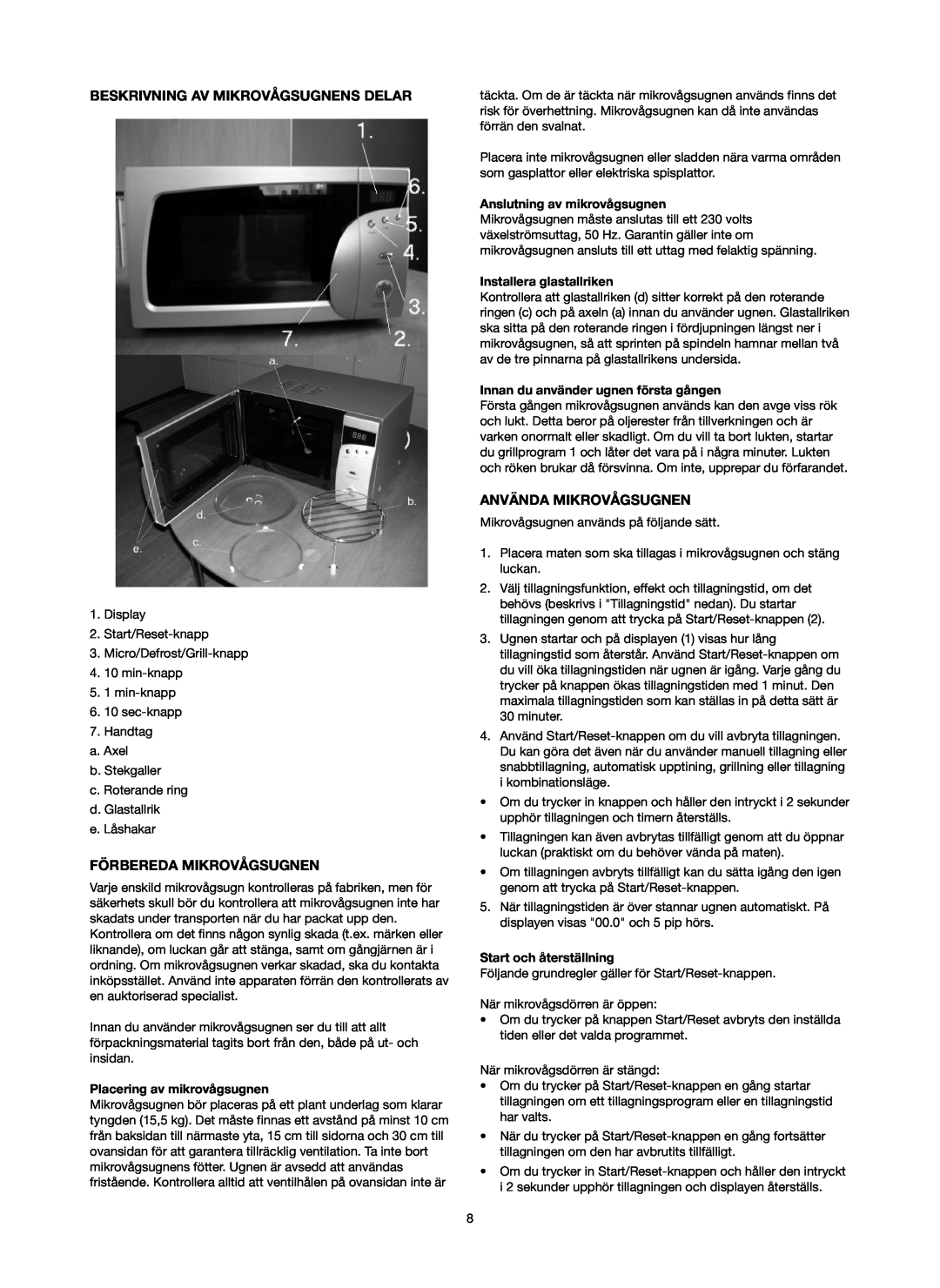 Melissa 753-084 manual Beskrivning Av Mikrovågsugnens Delar, Förbereda Mikrovågsugnen, Använda Mikrovågsugnen 