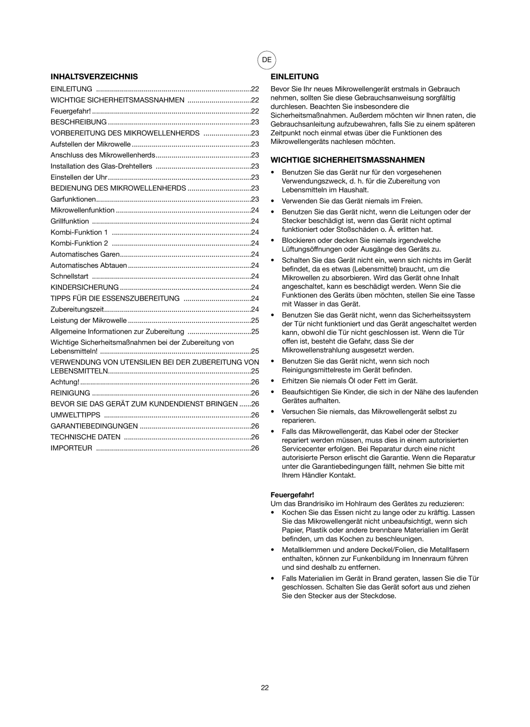 Melissa 753-087 manual Inhaltsverzeichnis, Einleitung, Wichtige Sicherheitsmassnahmen, Feuergefahr 