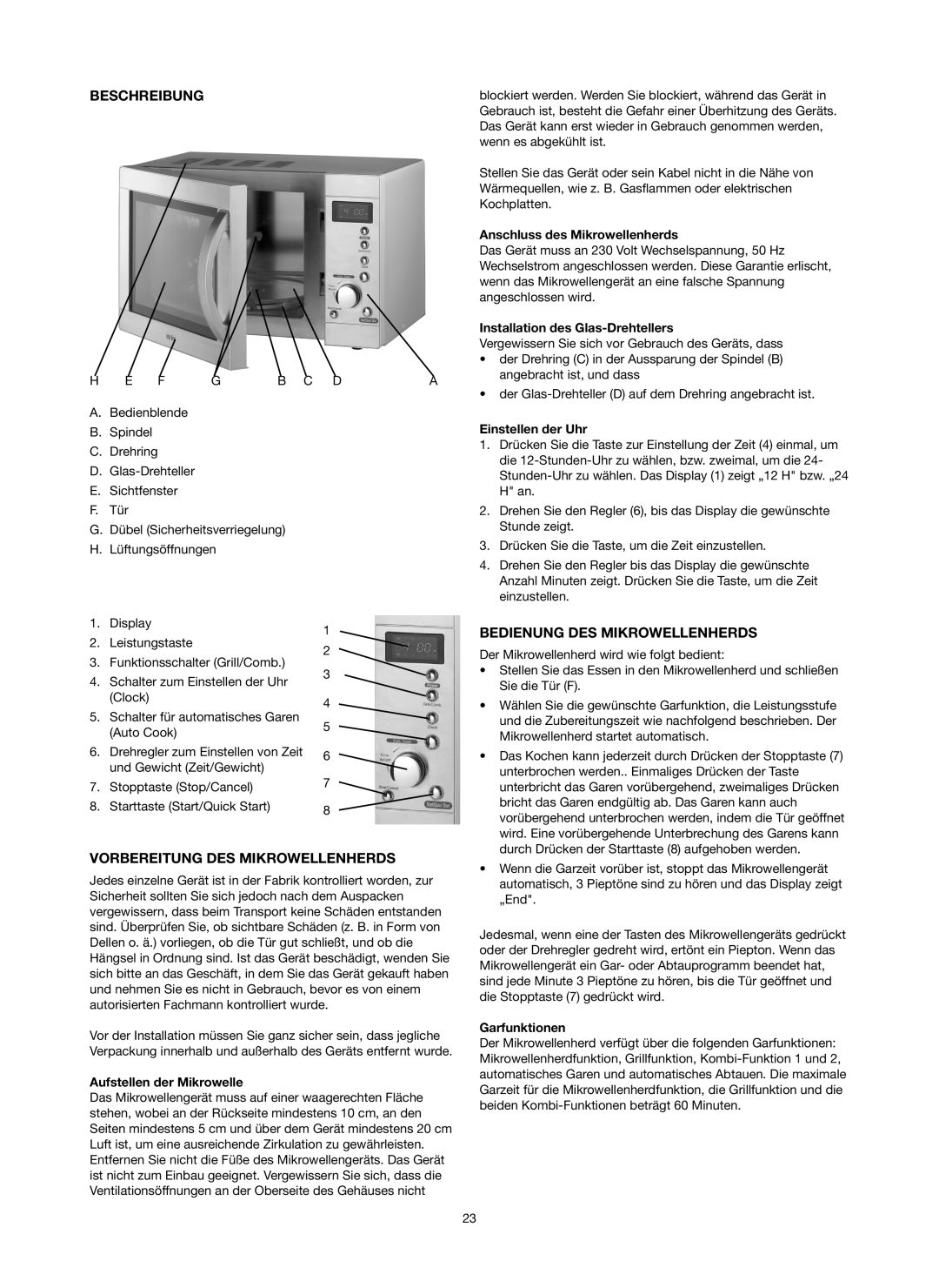 Melissa 753-087 manual Beschreibung, Vorbereitung DES Mikrowellenherds, Bedienung DES Mikrowellenherds 