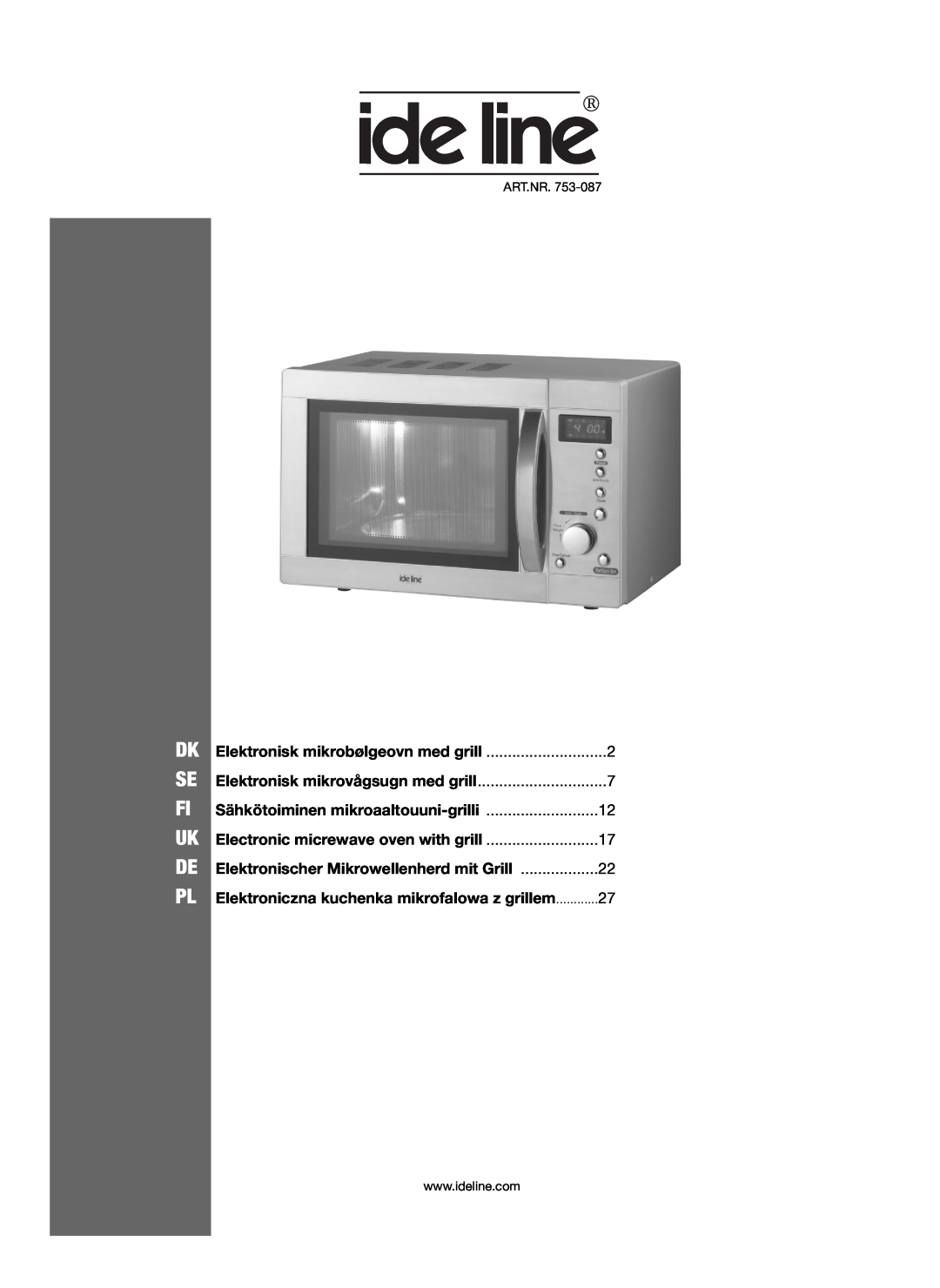 Melissa 753-087 manual Elektronisk mikrobølgeovn med grill, Dk Se Fi Uk De Pl, Sähkötoiminen mikroaaltouuni-grilli 