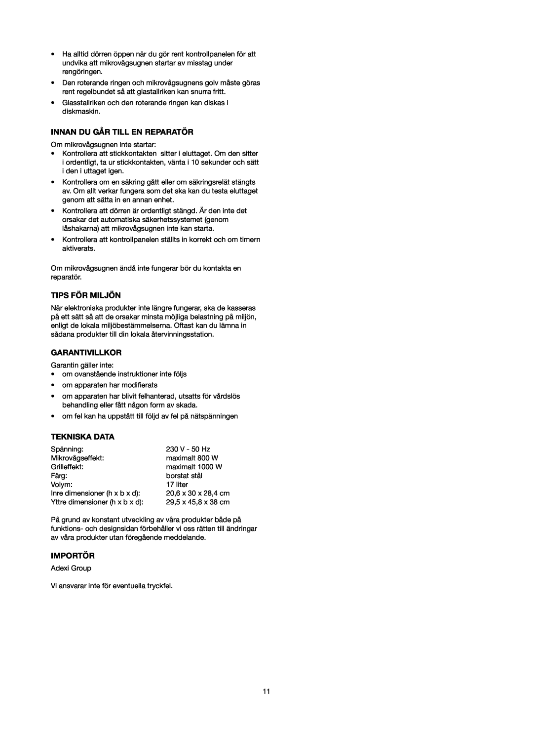 Melissa 753-087 manual Innan Du Går Till En Reparatör, Tips För Miljön, Garantivillkor, Tekniska Data, Importör 