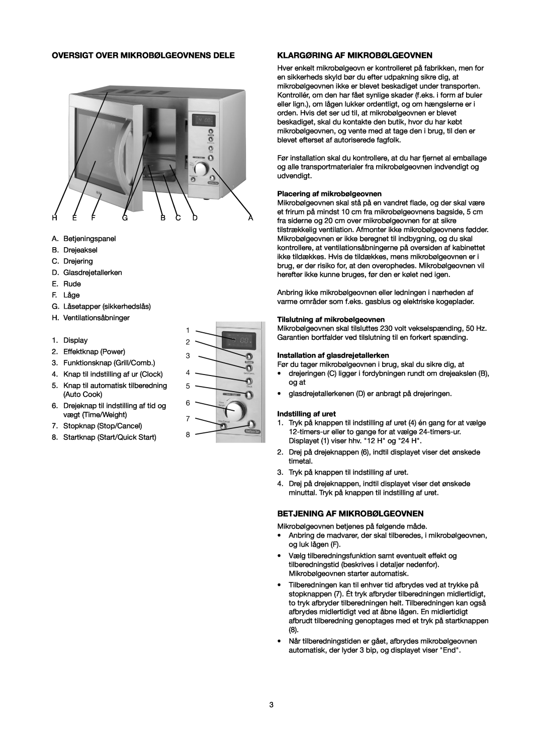 Melissa 753-087 manual Oversigt Over Mikrobølgeovnens Dele, Klargøring Af Mikrobølgeovnen, Betjening Af Mikrobølgeovnen 