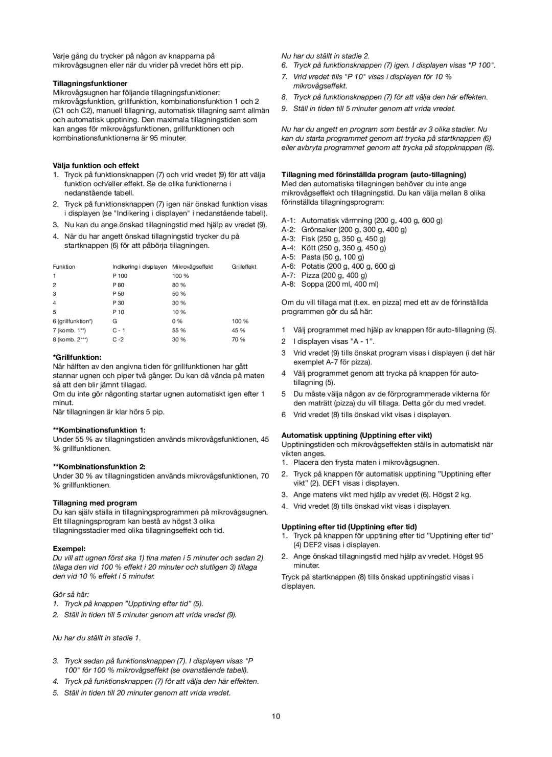 Melissa 753-089 manual Tillagningsfunktioner, Välja funktion och effekt, Tillagning med program, Exempel 