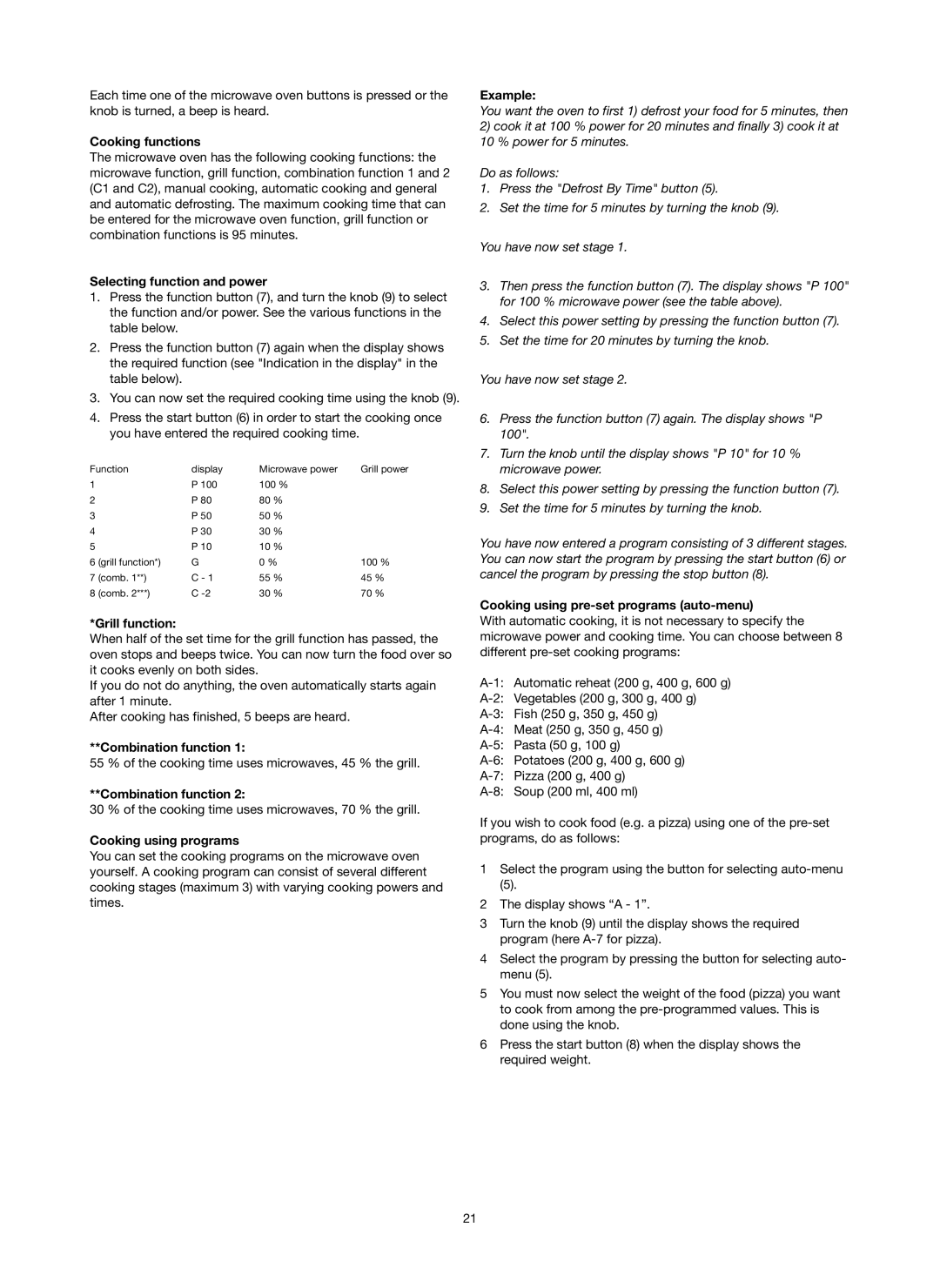 Melissa 753-089 manual Cooking functions, Selecting function and power, Grill function, Combination function, Example 