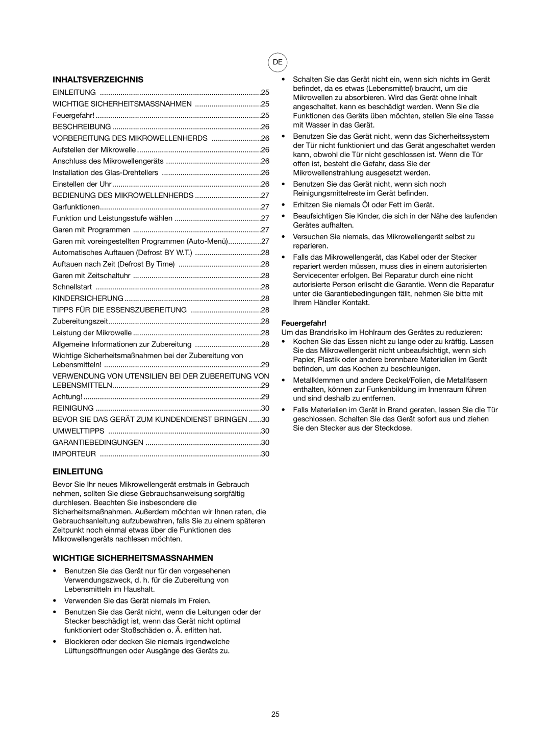 Melissa 753-089 manual Inhaltsverzeichnis, Einleitung, Wichtige Sicherheitsmassnahmen, Feuergefahr 