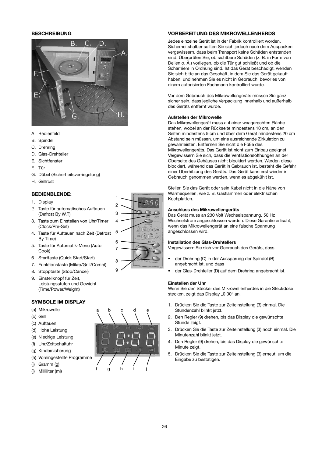 Melissa 753-089 manual Beschreibung Vorbereitung DES Mikrowellenherds, Bedienblende, Symbole IM Display 