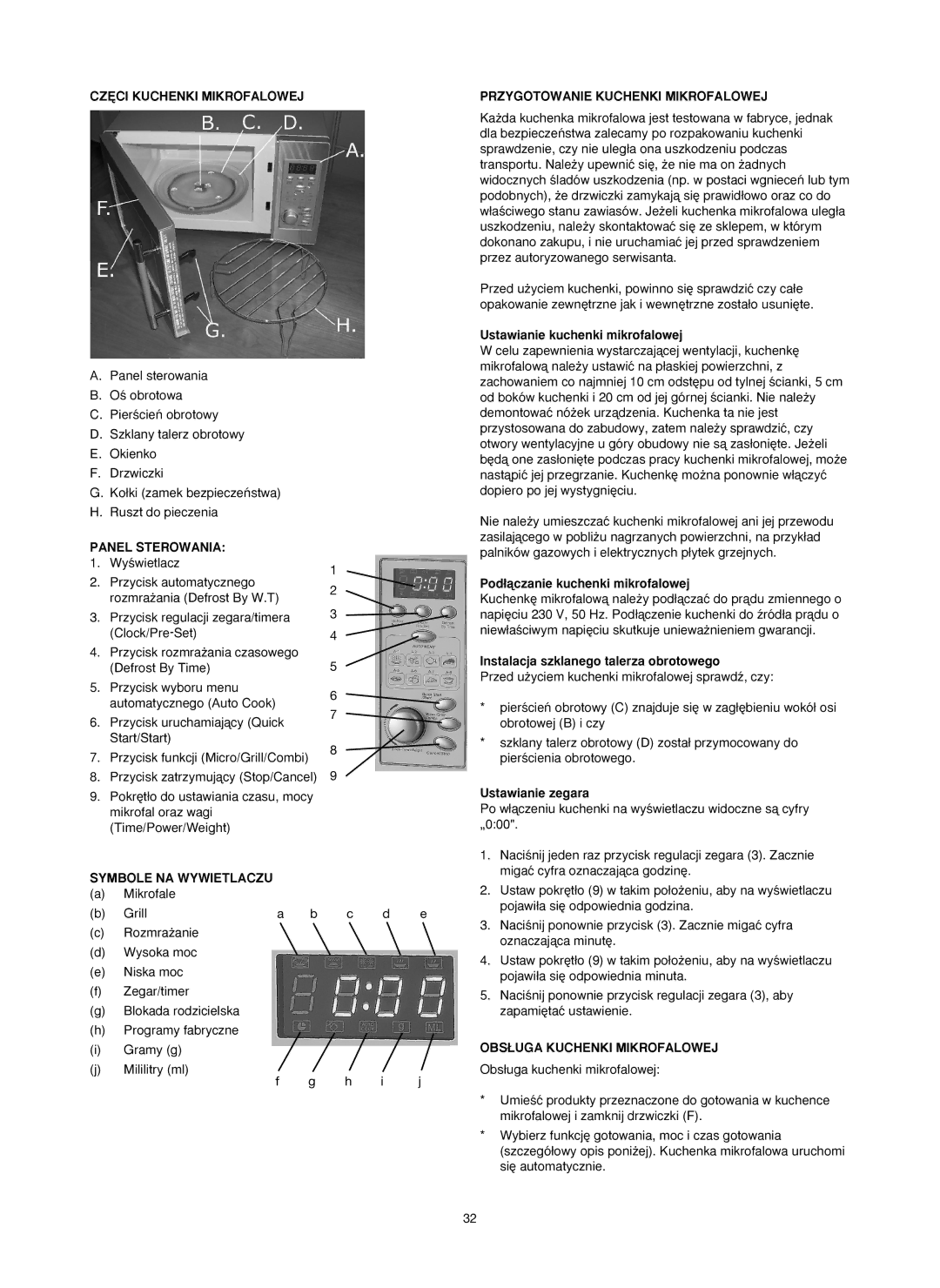 Melissa 753-089 manual Ustawianie kuchenki mikrofalowej, Pod∏àczanie kuchenki mikrofalowej, Ustawianie zegara 