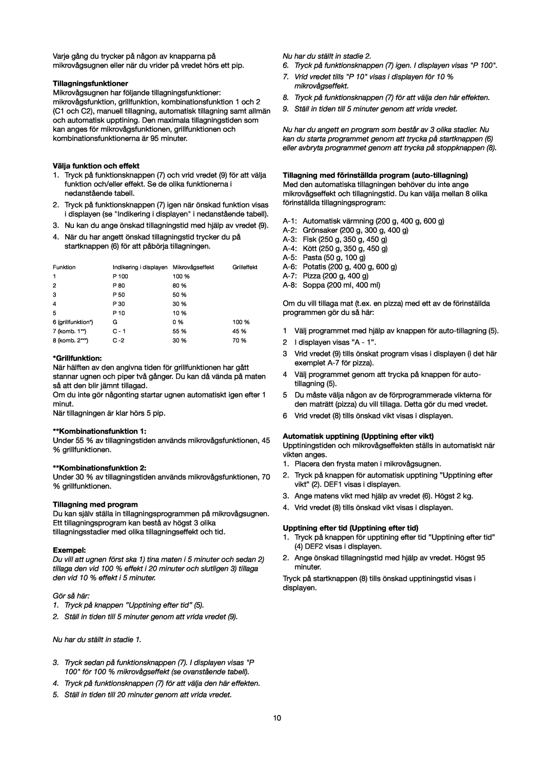 Melissa 753-089 manual Tillagningsfunktioner, Välja funktion och effekt, Tillagning med program, Exempel, Grillfunktion 
