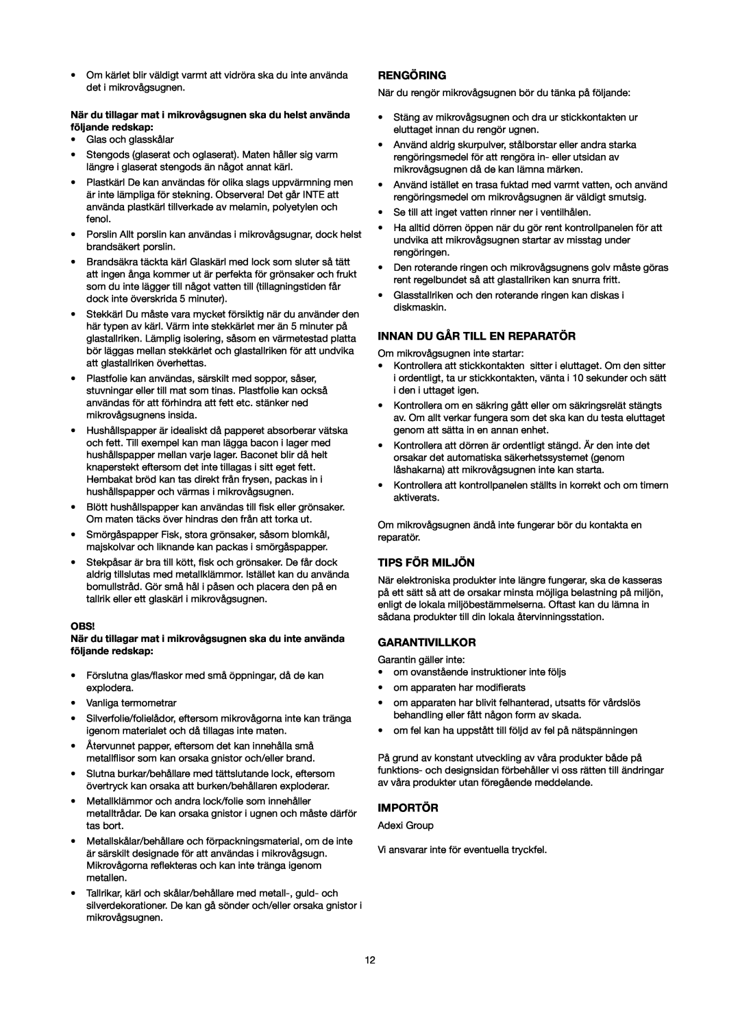 Melissa 753-089 manual Rengöring, Innan Du Går Till En Reparatör, Tips För Miljön, Garantivillkor, Importör 