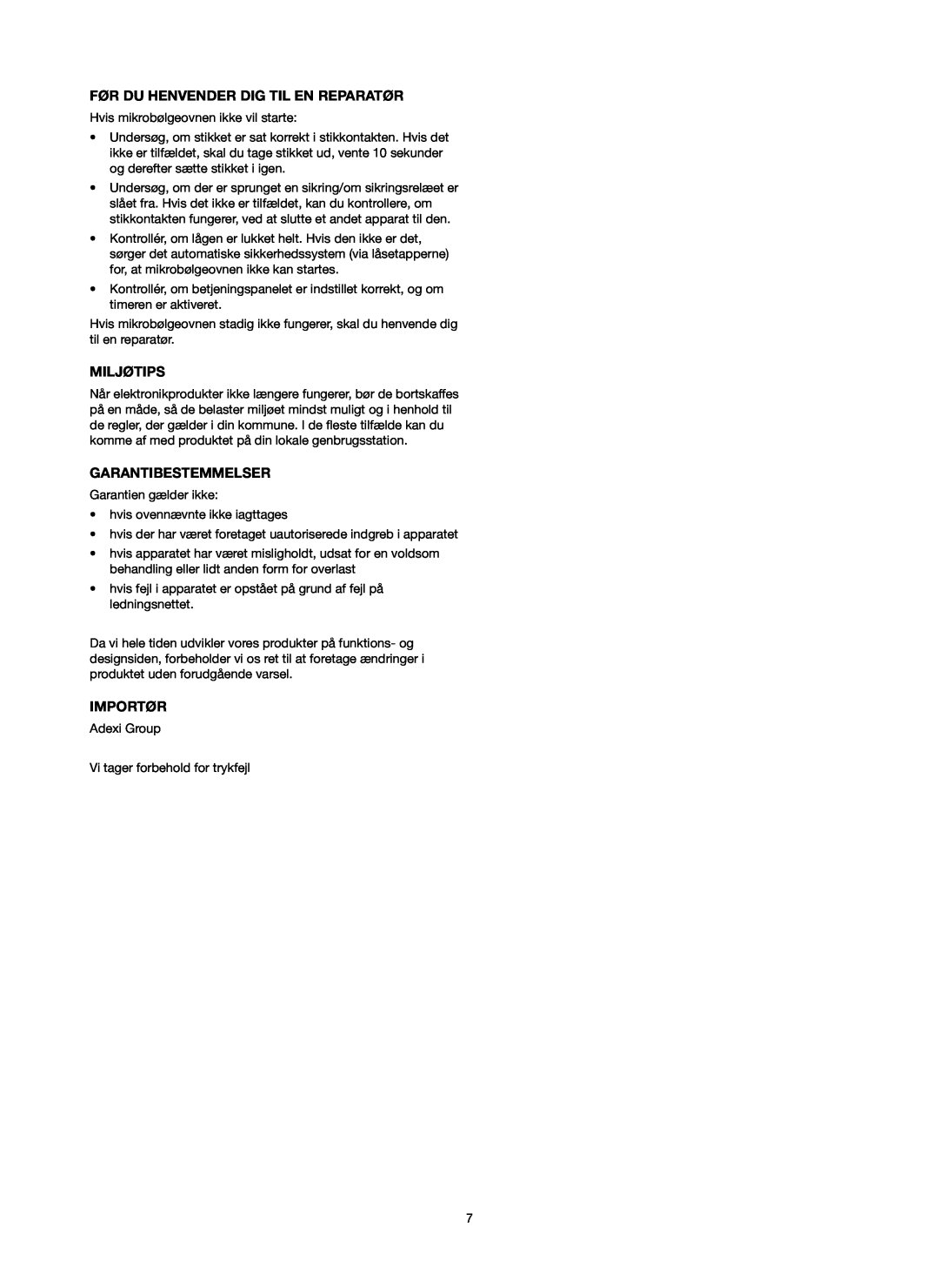 Melissa 753-089 manual Før Du Henvender Dig Til En Reparatør, Miljøtips, Garantibestemmelser, Importør 