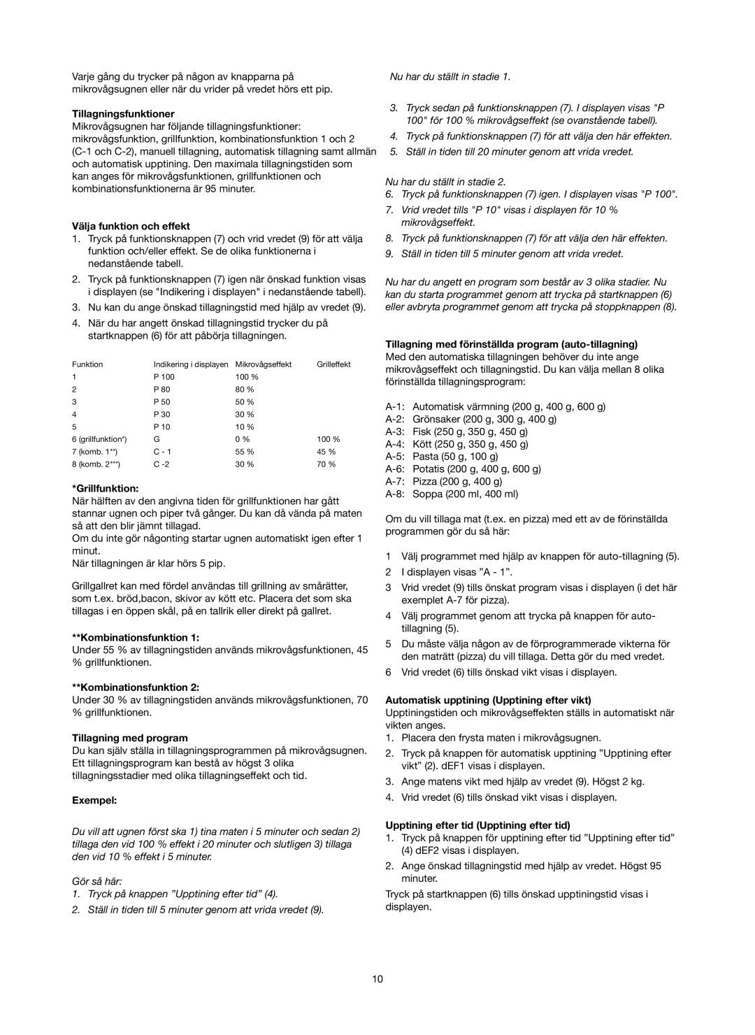 Melissa 753-093 manual Tillagningsfunktioner, Välja funktion och effekt, Tillagning med program, Exempel 