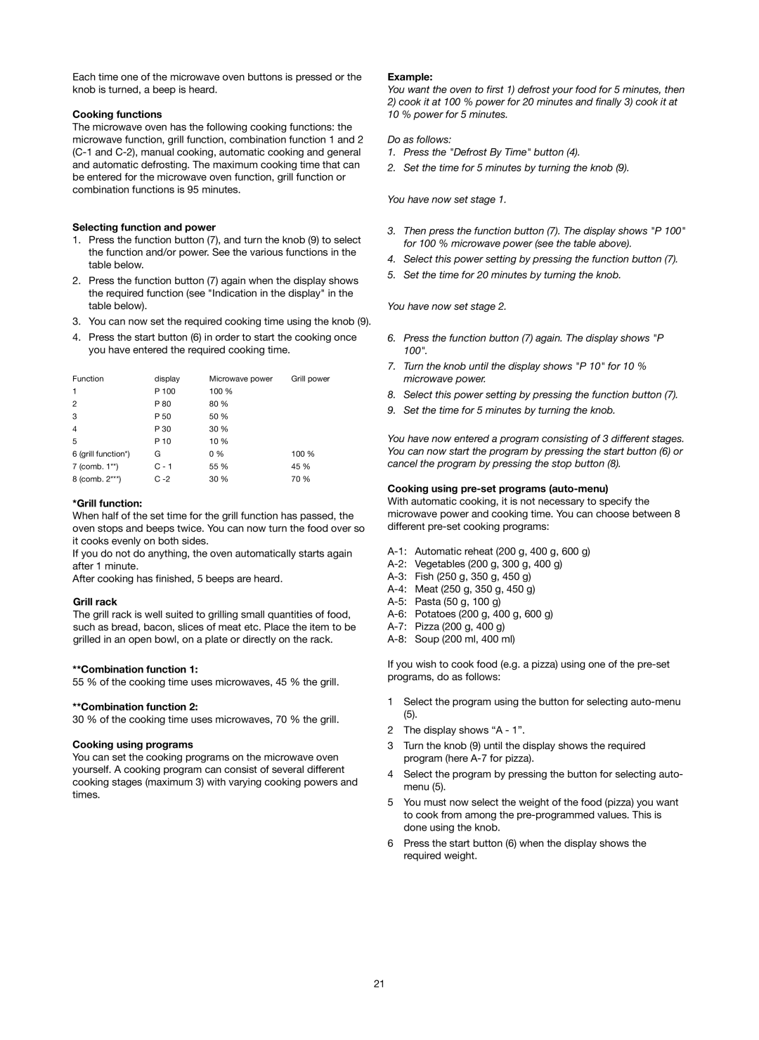 Melissa 753-093 Cooking functions, Selecting function and power, Grill function, Grill rack, Combination function, Example 