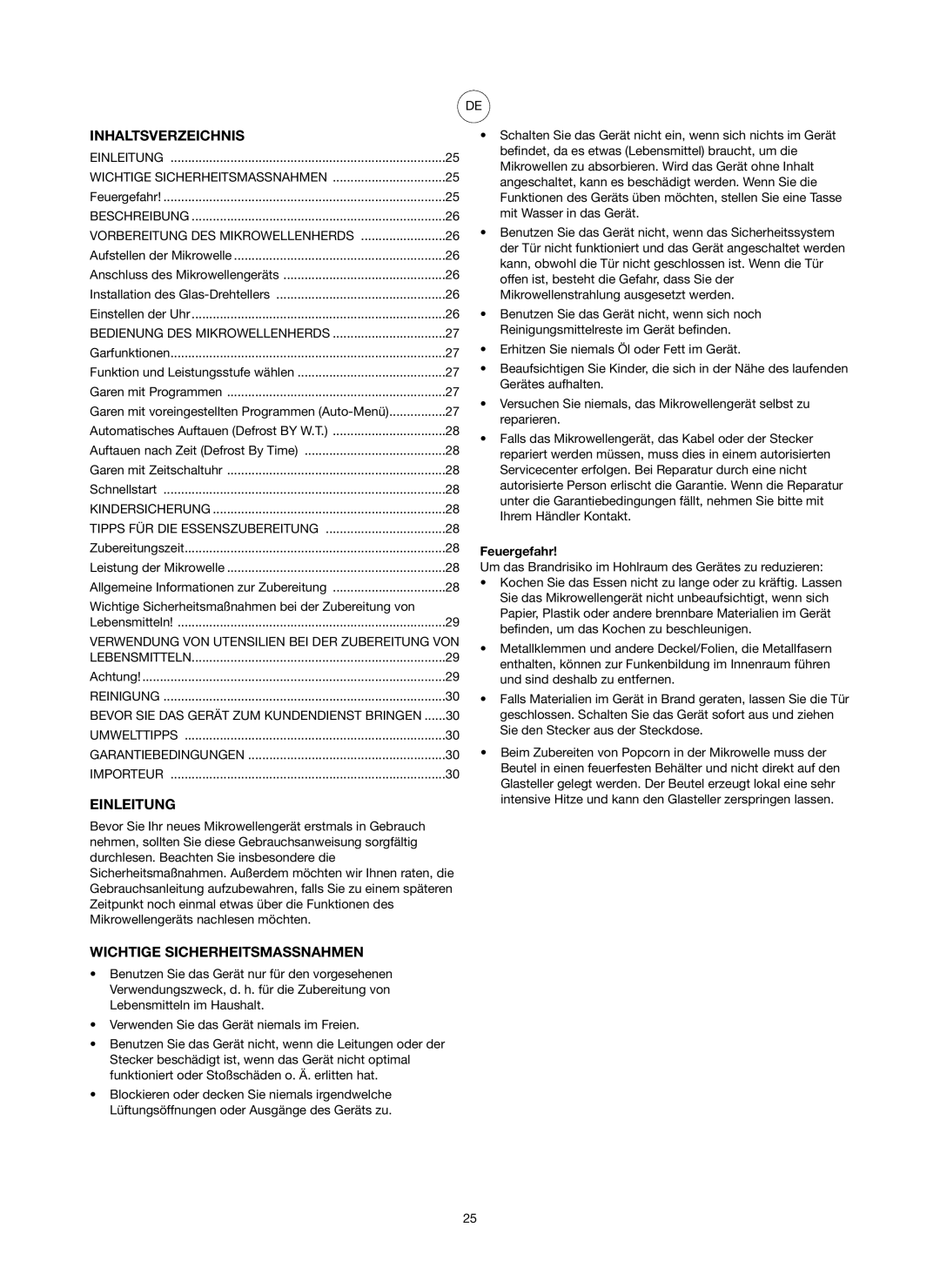 Melissa 753-093 manual Inhaltsverzeichnis, Einleitung, Wichtige Sicherheitsmassnahmen, Feuergefahr 