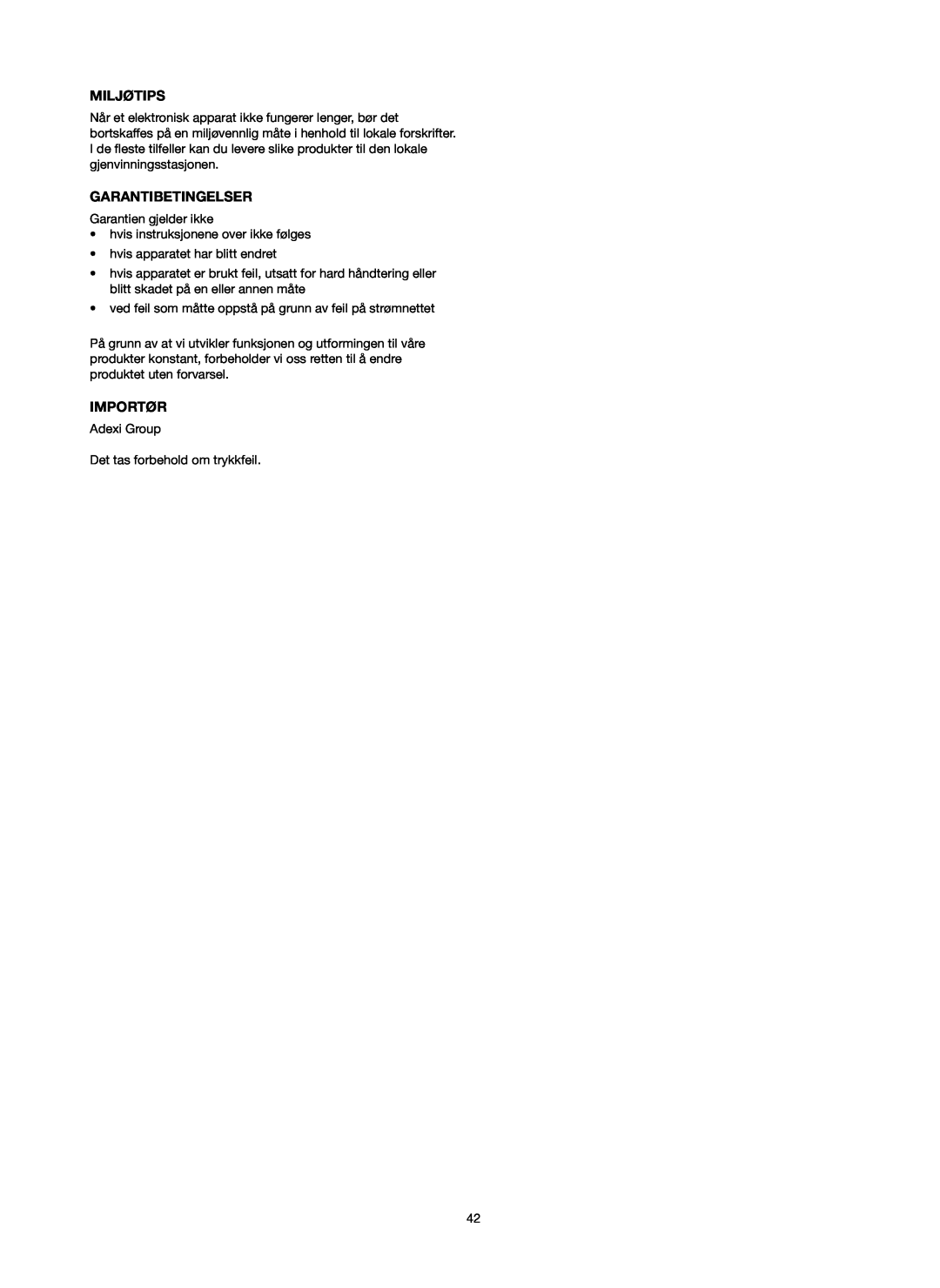 Melissa 753-093 manual Garantibetingelser, Miljøtips, Importør 