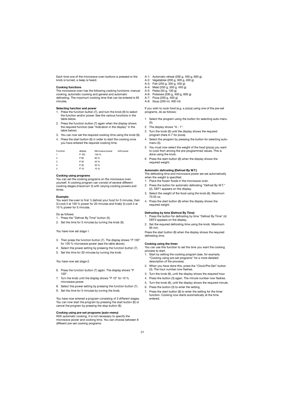 Melissa 753-094 Cooking functions, Selecting function and power, Cooking using programs, Example, Cooking using the timer 