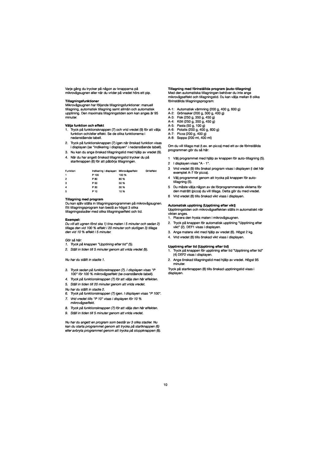 Melissa 753-094 manual Tillagningsfunktioner, Välja funktion och effekt, Tillagning med program, Exempel 