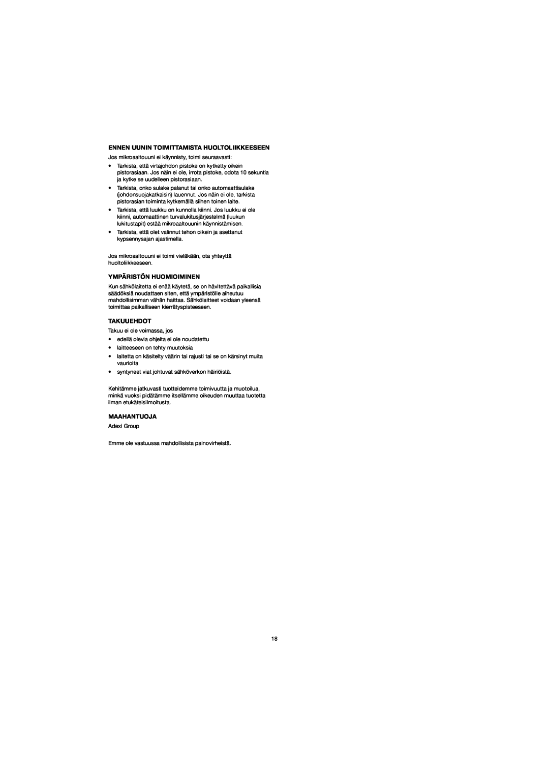 Melissa 753-094 manual Ennen Uunin Toimittamista Huoltoliikkeeseen, Ympäristön Huomioiminen, Takuuehdot, Maahantuoja 