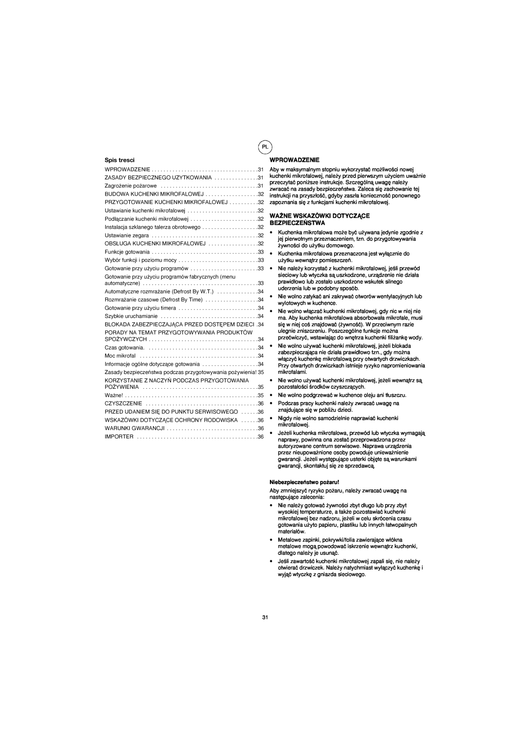Melissa 753-094 manual Spis tresci, Wprowadzenie, Wa˚Ne Wskazówki Dotyczñce Bezpiecze¡Stwa, Niebezpieczeƒstwo po˝aru 