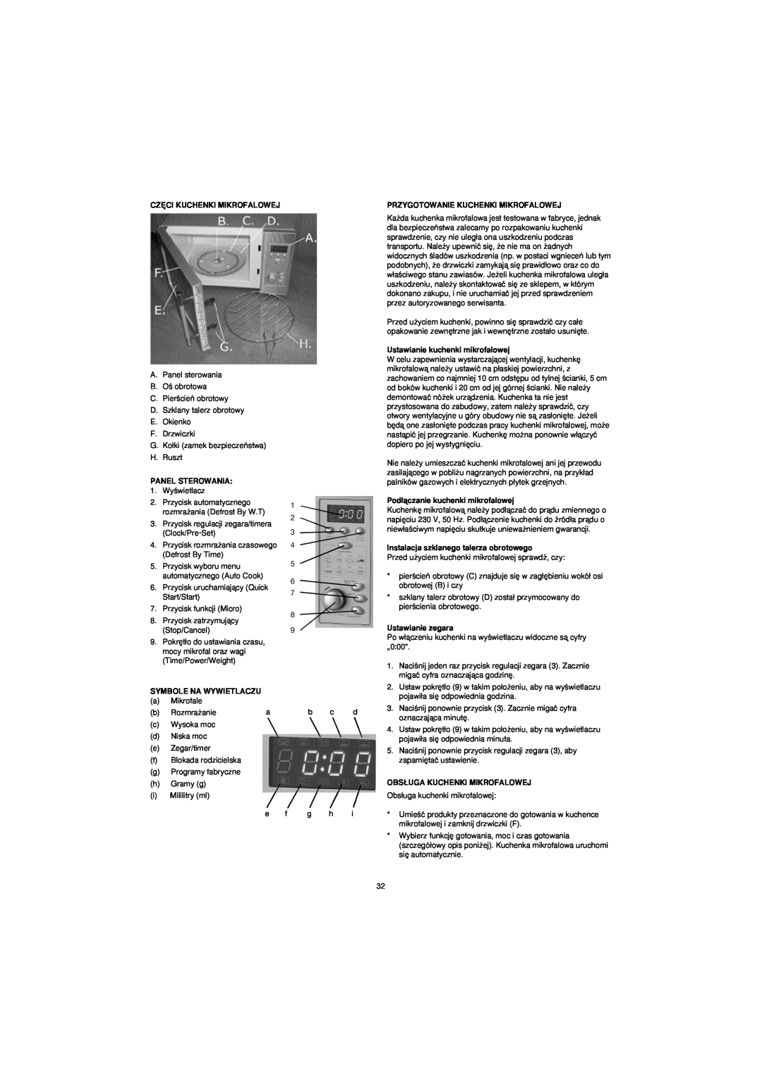 Melissa 753-094 Cz¢Ci Kuchenki Mikrofalowej, Panel Sterowania, Symbole Na Wywietlaczu, Przygotowanie Kuchenki Mikrofalowej 