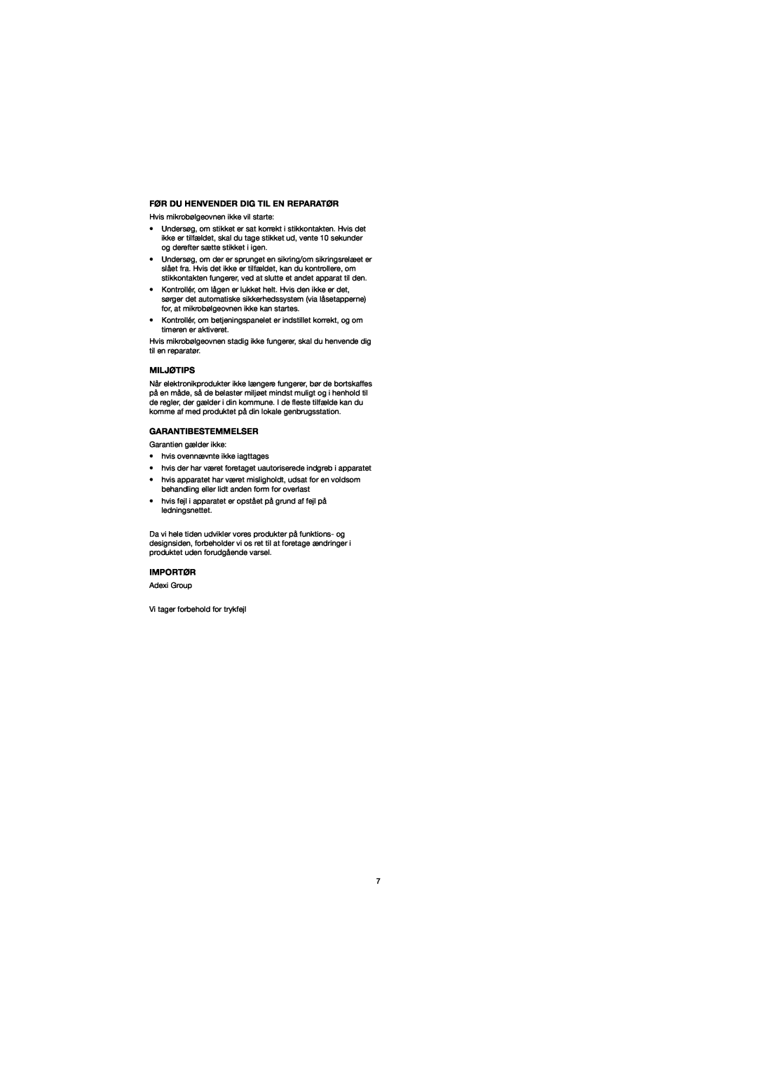 Melissa 753-094 manual Før Du Henvender Dig Til En Reparatør, Miljøtips, Garantibestemmelser, Importør 