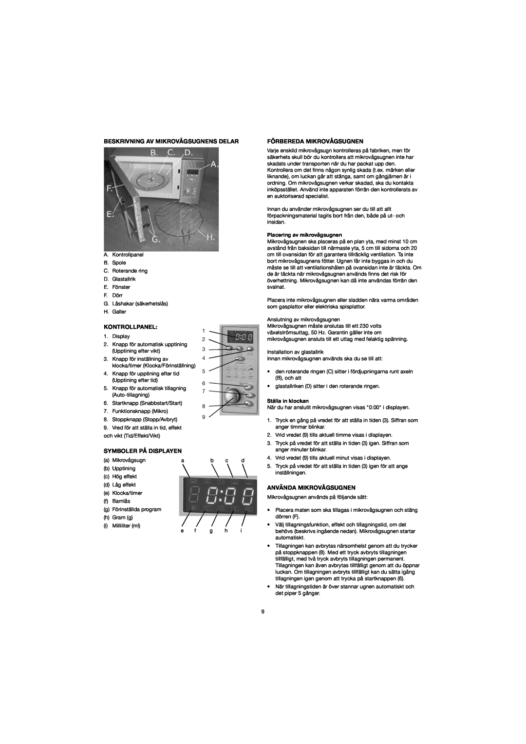 Melissa 753-094 manual Beskrivning Av Mikrovågsugnens Delar, Kontrollpanel, Symboler På Displayen, Förbereda Mikrovågsugnen 