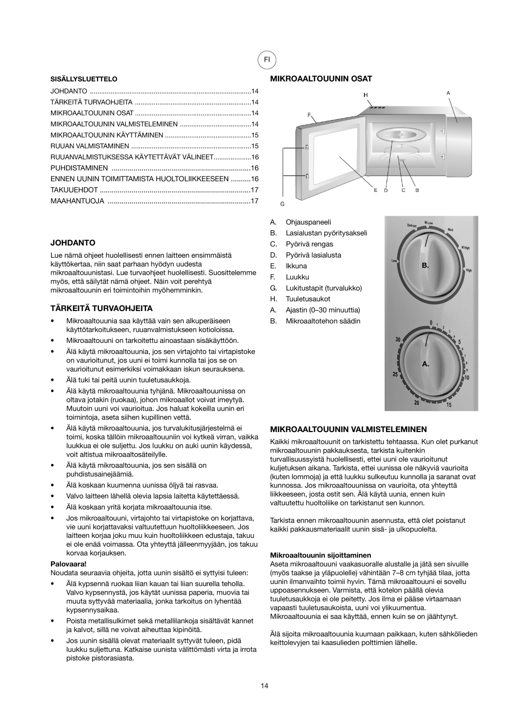 Melissa 753-097 manual Johdanto, Tärkeitä Turvaohjeita, Mikroaaltouunin Osat, Mikroaaltouunin Valmisteleminen 