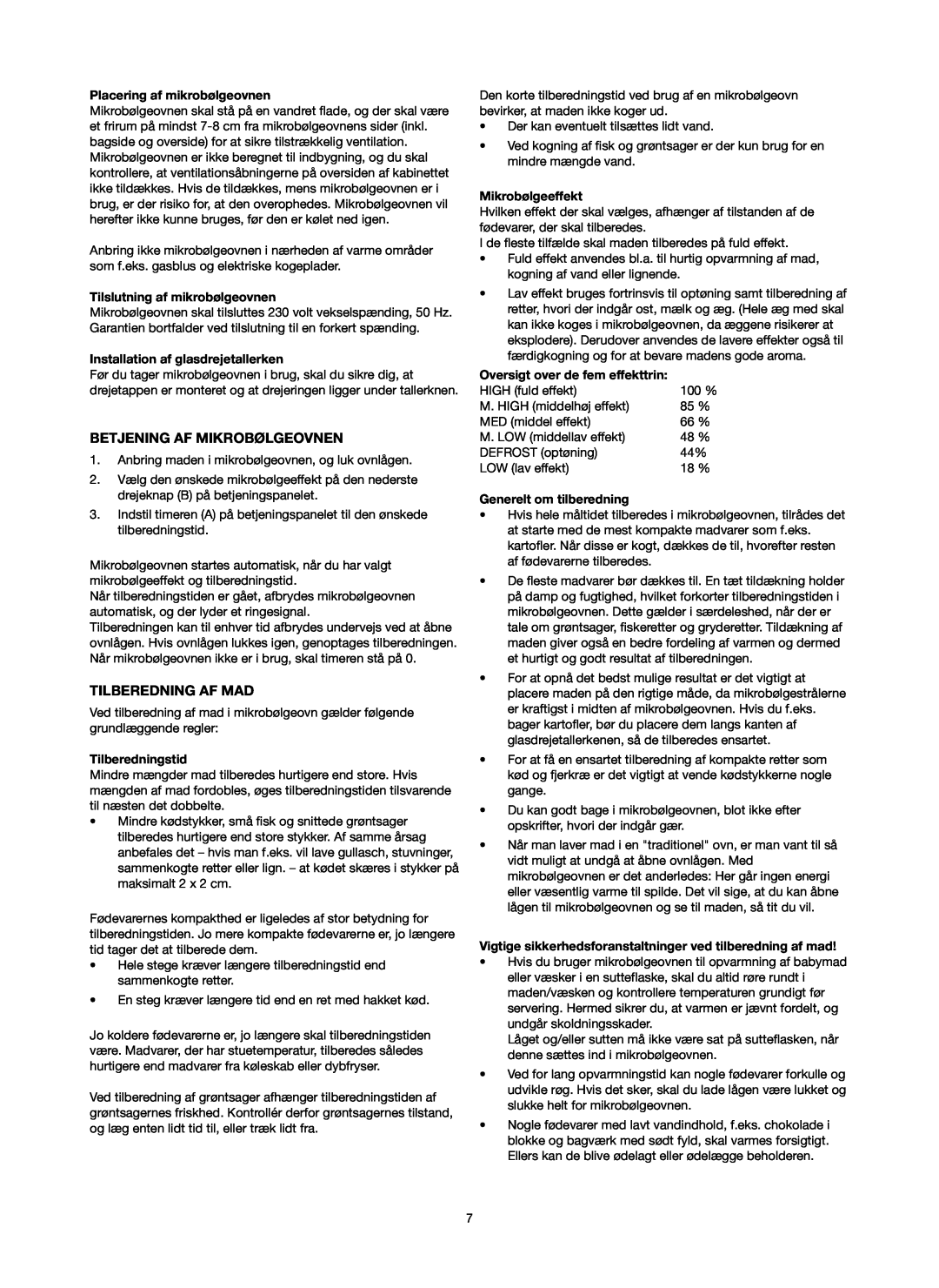 Melissa 753-097 manual Betjening Af Mikrobølgeovnen, Tilberedning Af Mad, Placering af mikrobølgeovnen, Tilberedningstid 