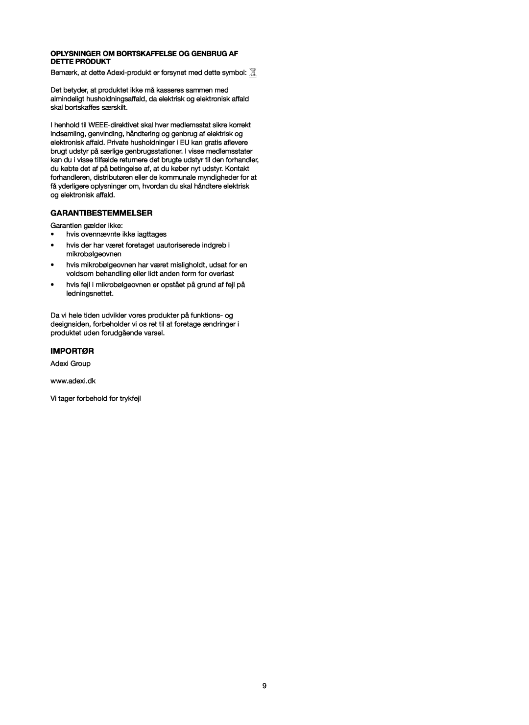 Melissa 753-097 manual Garantibestemmelser, Importør, Oplysninger Om Bortskaffelse Og Genbrug Af Dette Produkt 
