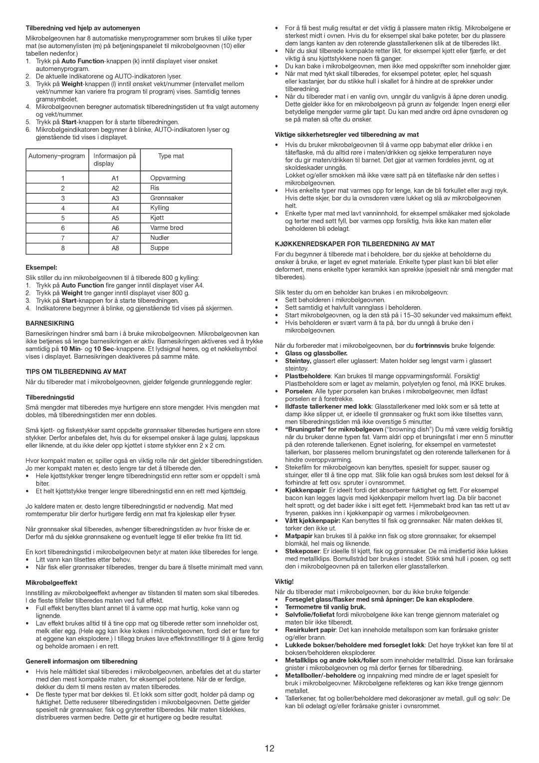 Melissa 753-121 manual Barnesikring, Tips OM Tilberedning AV MAT, Kjøkkenredskaper for Tilberedning AV MAT 