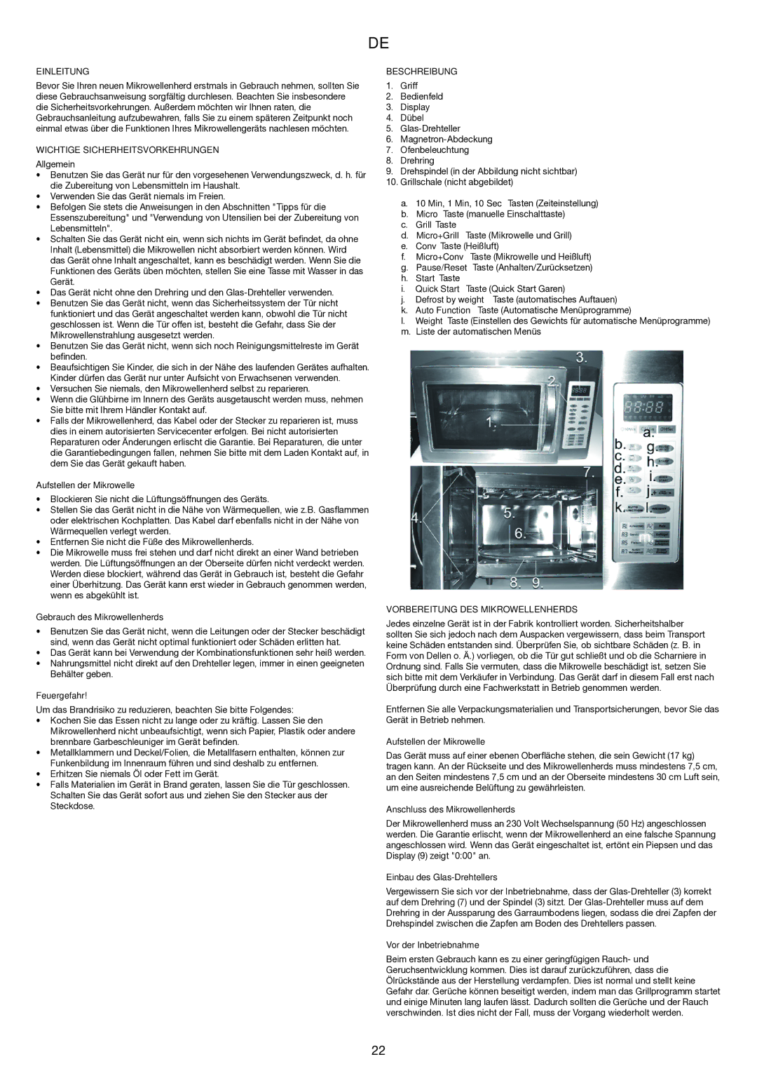 Melissa 753-121 manual Einleitung, Wichtige Sicherheitsvorkehrungen, Beschreibung, Vorbereitung DES Mikrowellenherds 