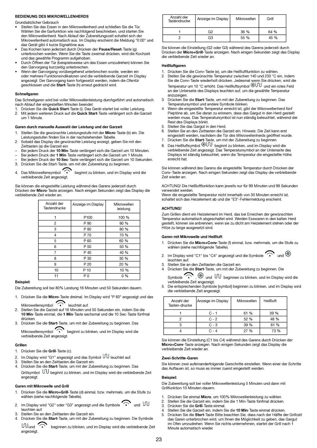 Melissa 753-121 manual Bedienung DES Mikrowellenherds, Achtung 