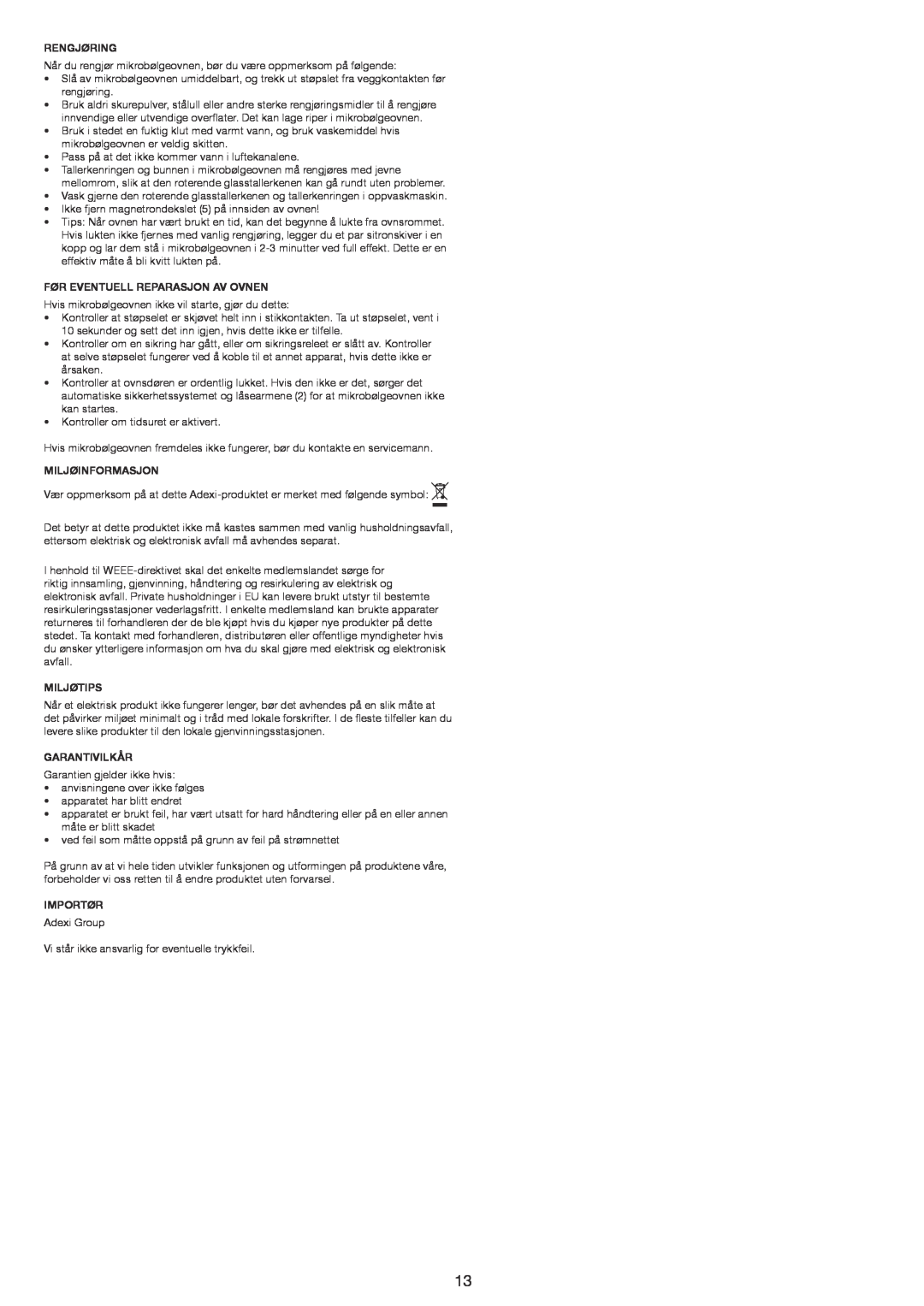 Melissa 753-121 manual Rengjøring, Før Eventuell Reparasjon Av Ovnen, Miljøinformasjon, Miljøtips, Garantivilkår, Importør 