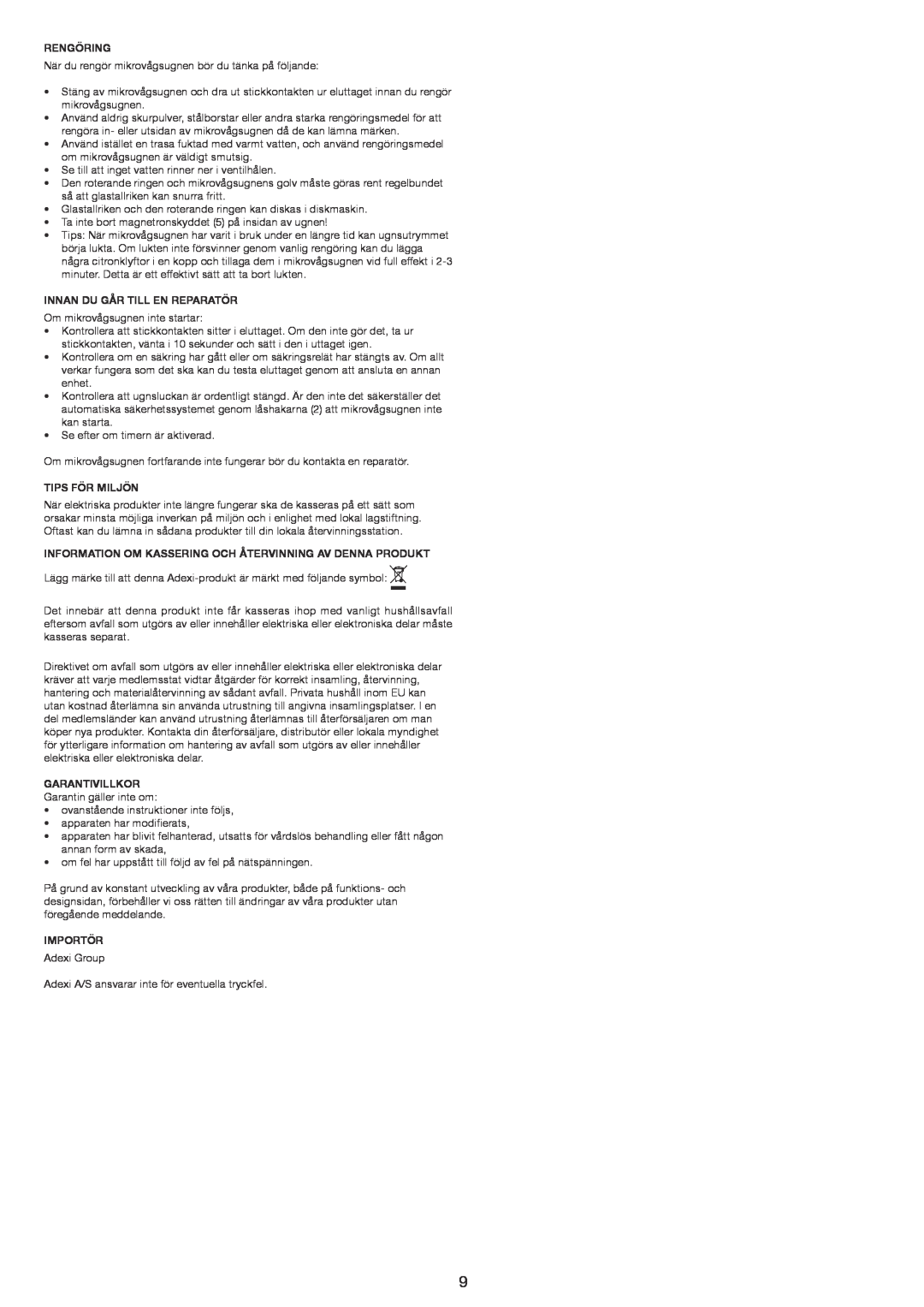 Melissa 753-121 manual Rengöring, Innan Du Går Till En Reparatör, Tips För Miljön, Garantivillkor, Importör 
