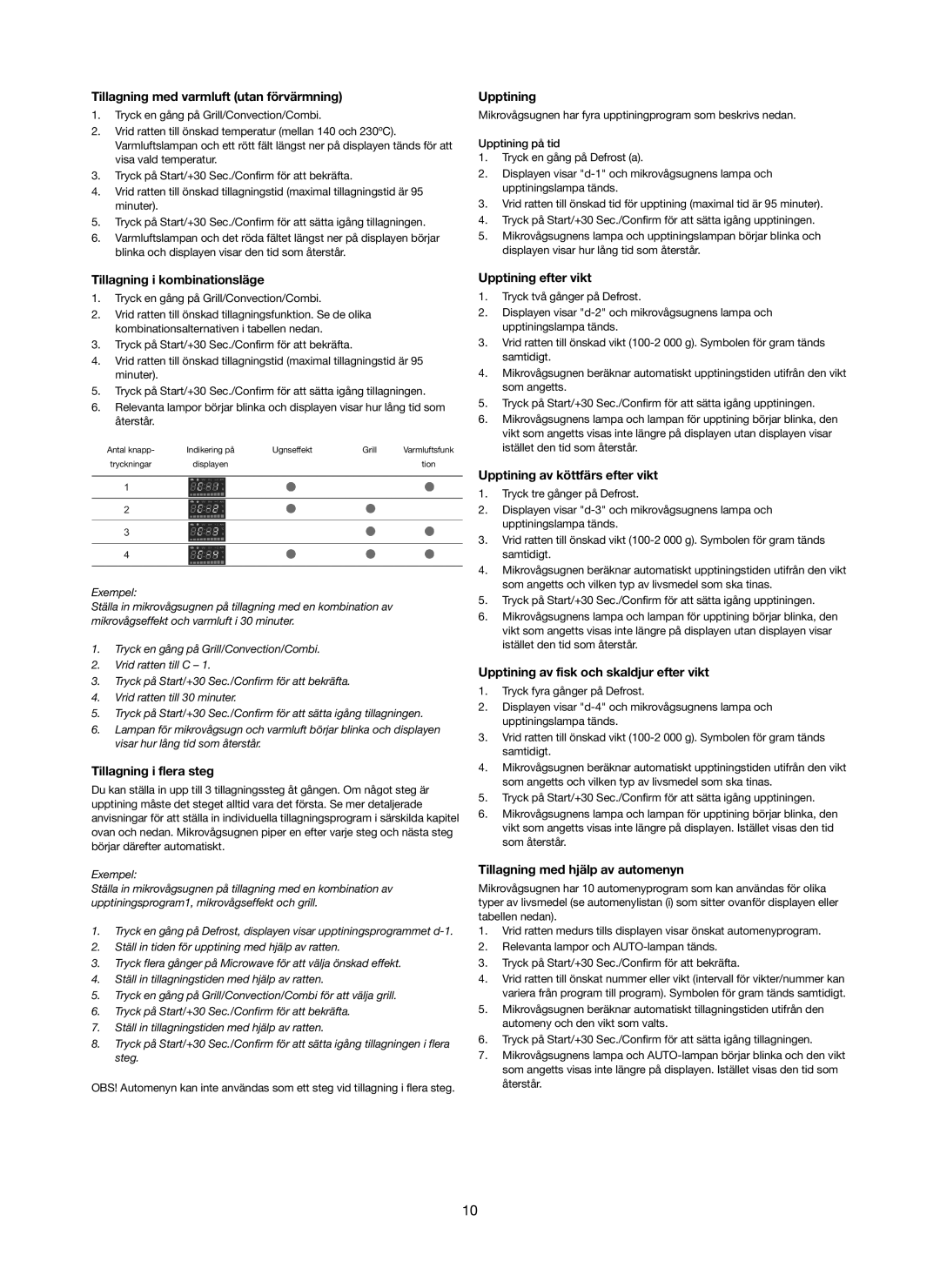 Melissa 753-123 manual Tillagning med varmluft utan förvärmning, Tillagning i kombinationsläge, Upptining efter vikt 